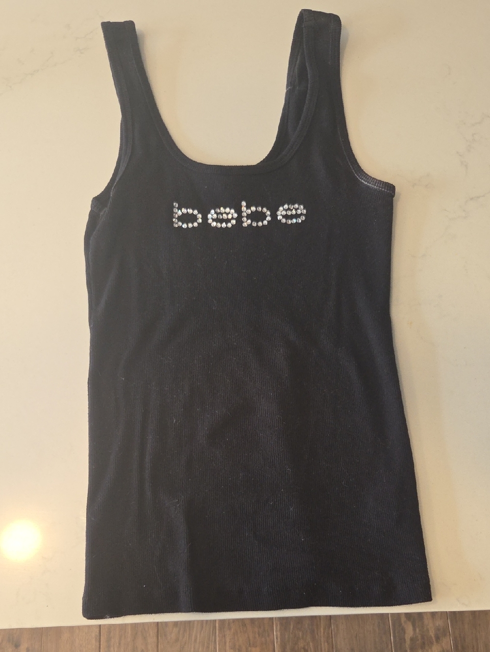 bebe Black Rhinestone Logo Ribbed Tank